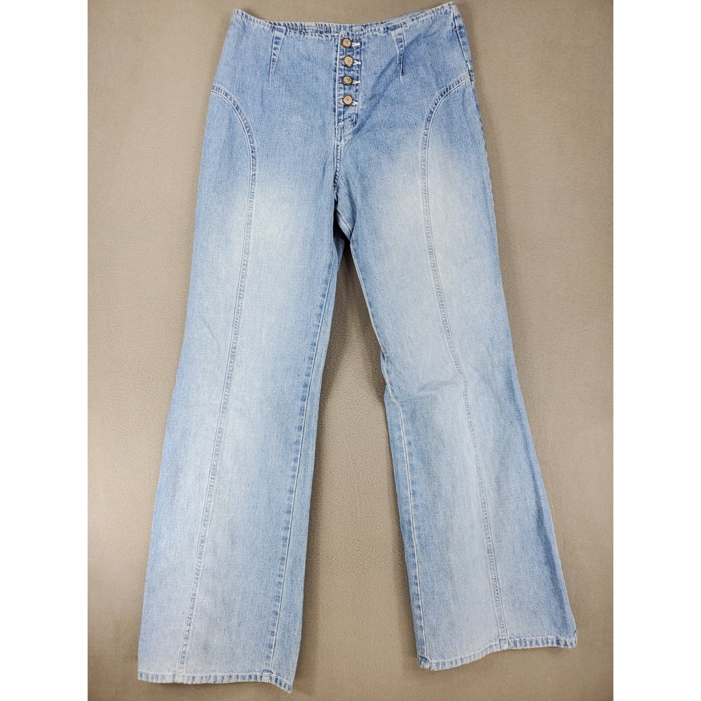 l.e.i. Flare Jeans Womens 28 Blue High Rise Exposed Button Fly Seamed Vtg 90s